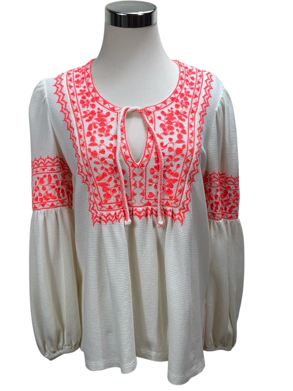 Maeve Anthropologie Louisa Peasant Top Ivory Coral Embroidered Blouse Size M